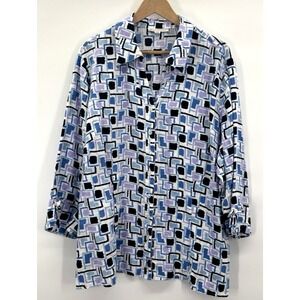 JM Womens 22 W 3X Linen Top Button Down Shirt Geo Print Top 3/4 Sleeve Blouse